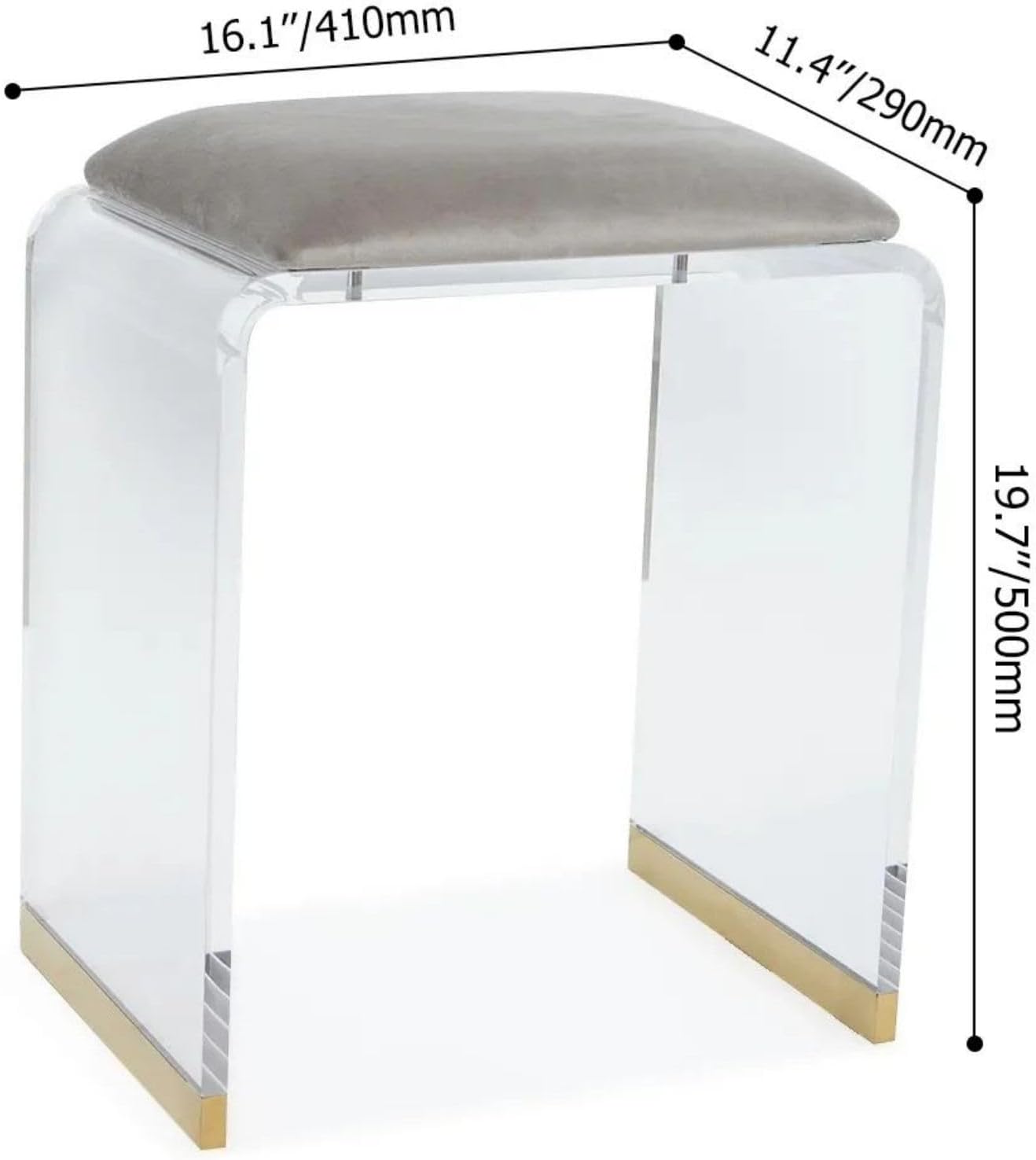 Gray Velvet Vanity Stool – Modern Acrylic Makeup Chair with Gold Accents