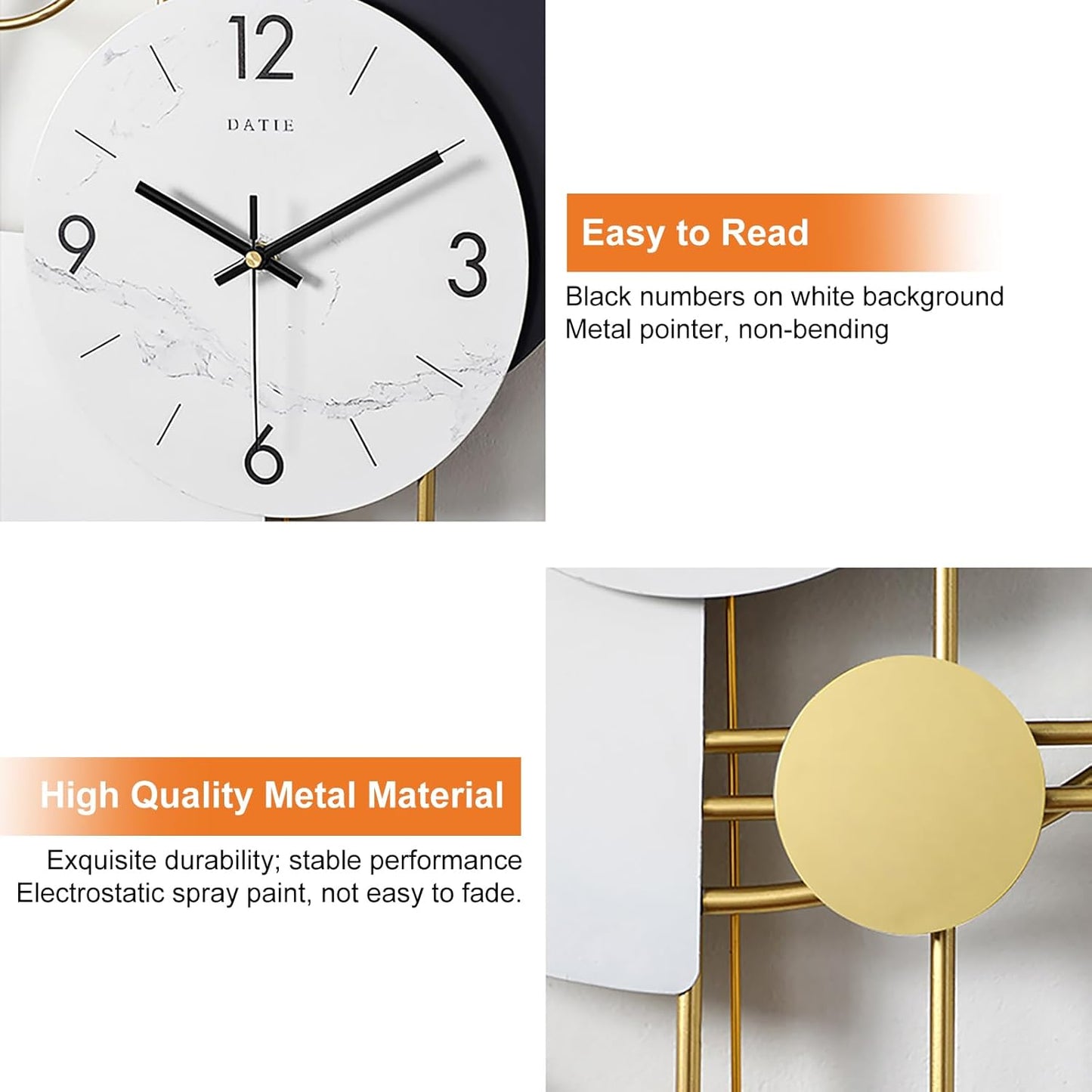 3D Silent Metal Wall Clock with Swinging Pendulum | Modern Round Art Decor for Living Room & Bedroom