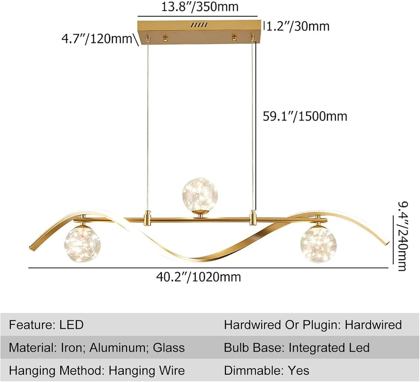 40.1" Gold Dimmable LED Chandelier | Modern 4-Light Linear Pendant for Kitchen Island & Dining Room
