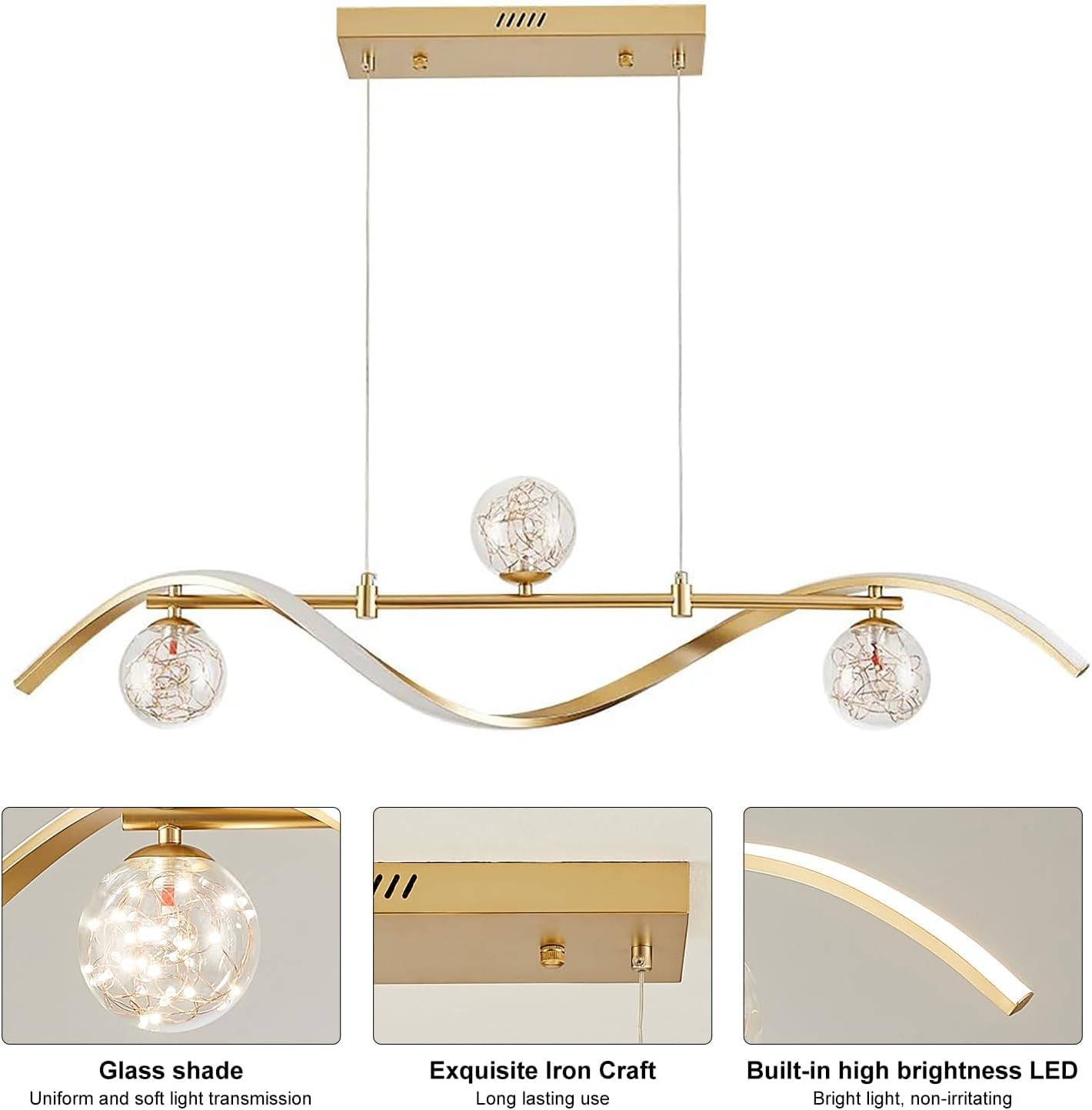 40.1" Gold Dimmable LED Chandelier | Modern 4-Light Linear Pendant for Kitchen Island & Dining Room