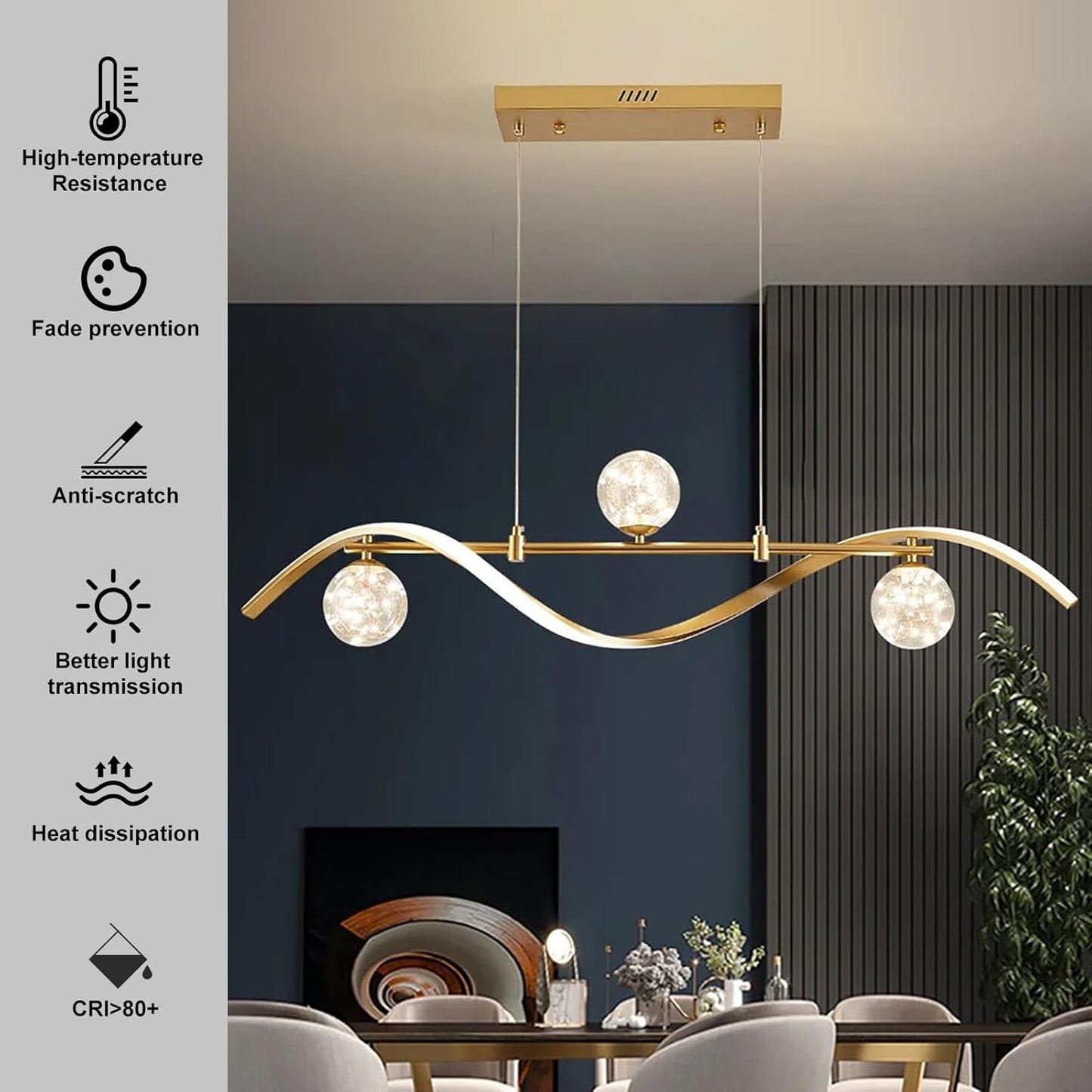 40.1" Gold Dimmable LED Chandelier | Modern 4-Light Linear Pendant for Kitchen Island & Dining Room