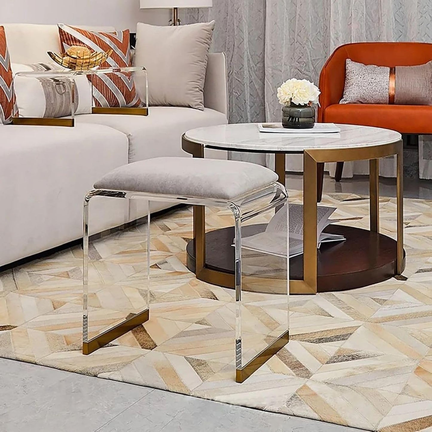 Gray Velvet Vanity Stool – Modern Acrylic Makeup Chair with Gold Accents