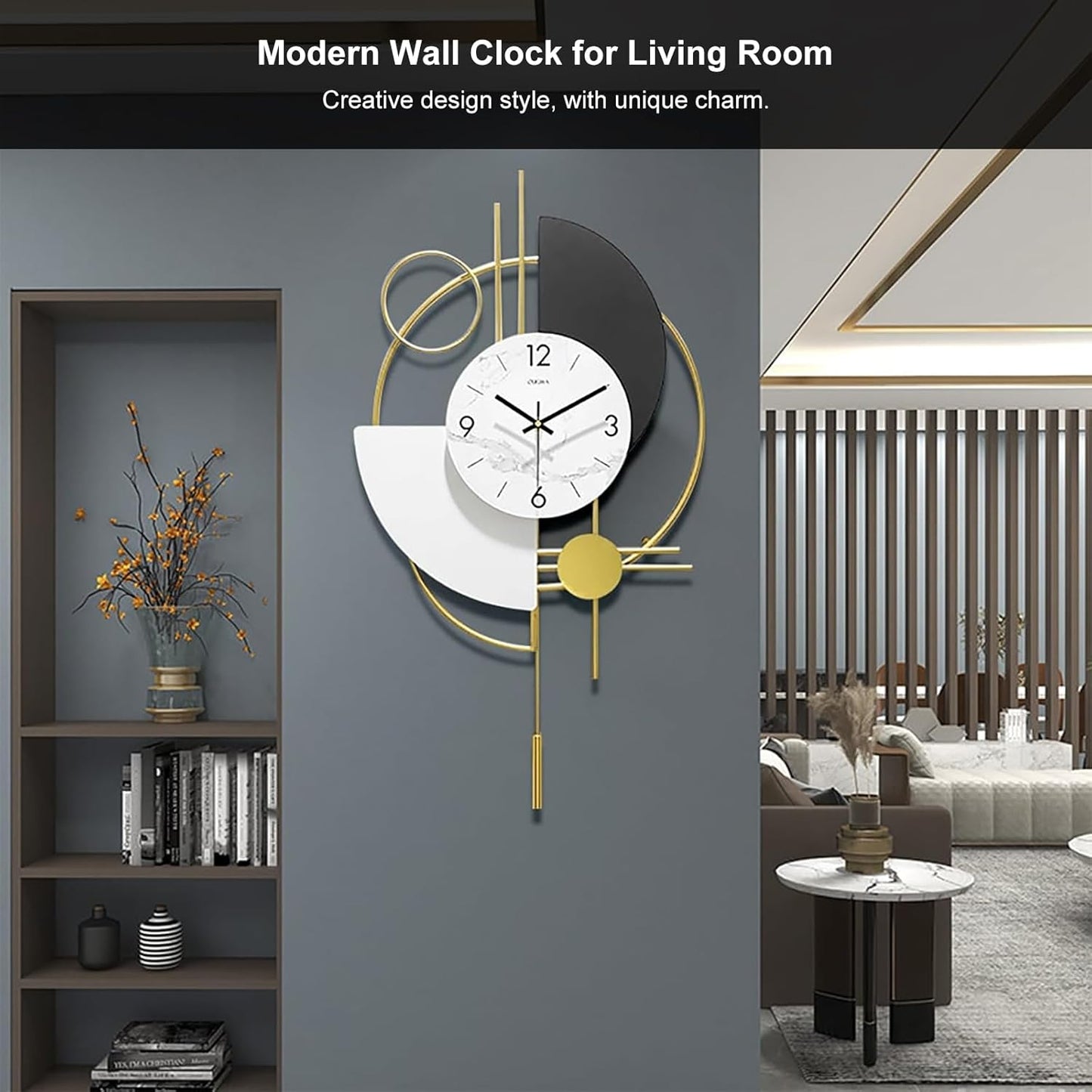 3D Silent Metal Wall Clock with Swinging Pendulum | Modern Round Art Decor for Living Room & Bedroom