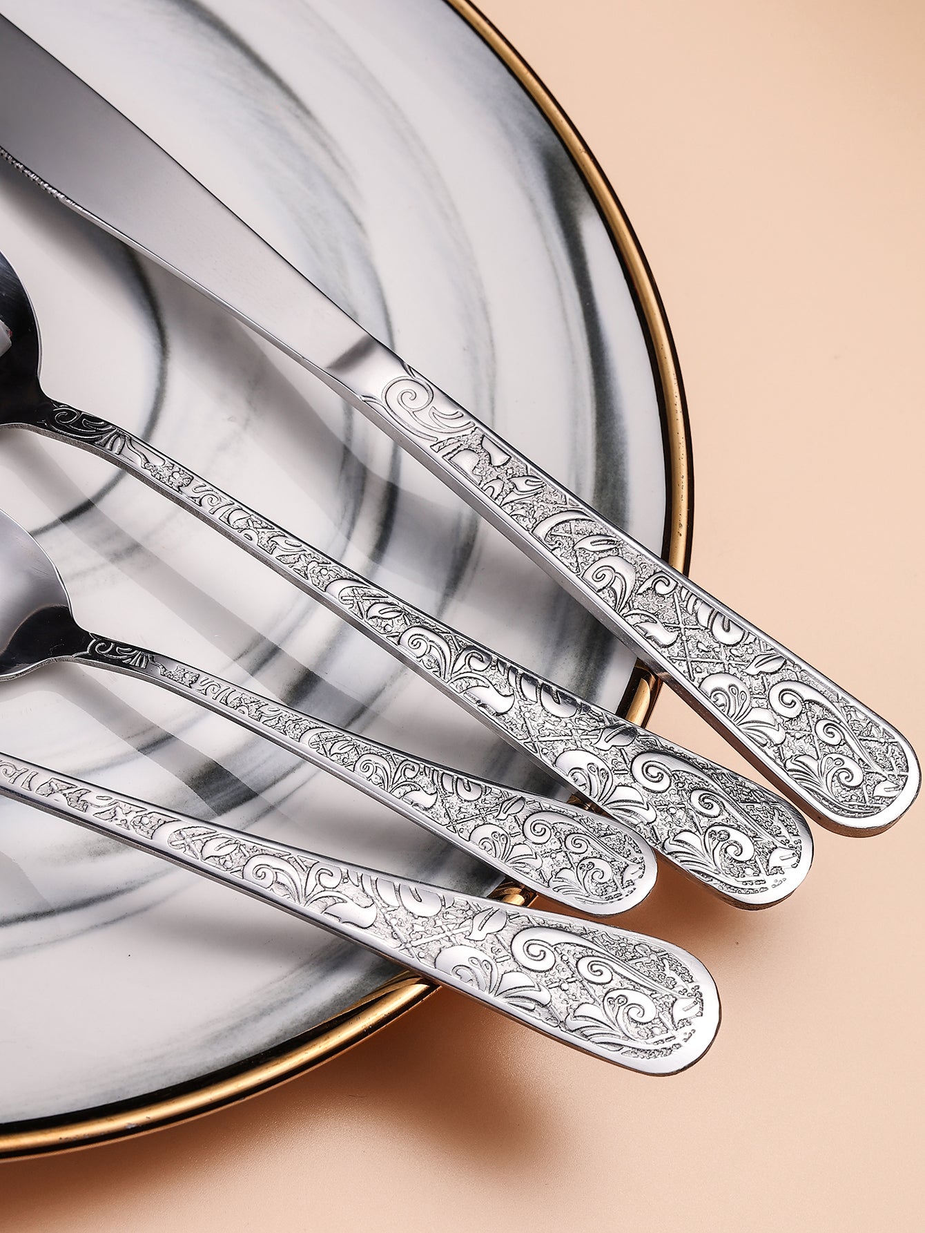 Engraved 48-Piece Flatware Set for 12 – Silver Stainless Steel Cutlery