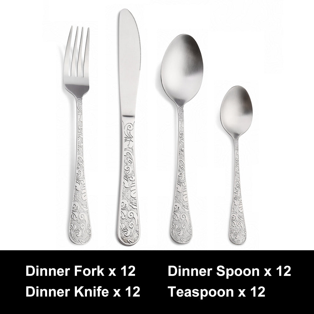 Engraved 48-Piece Flatware Set for 12 – Silver Stainless Steel Cutlery