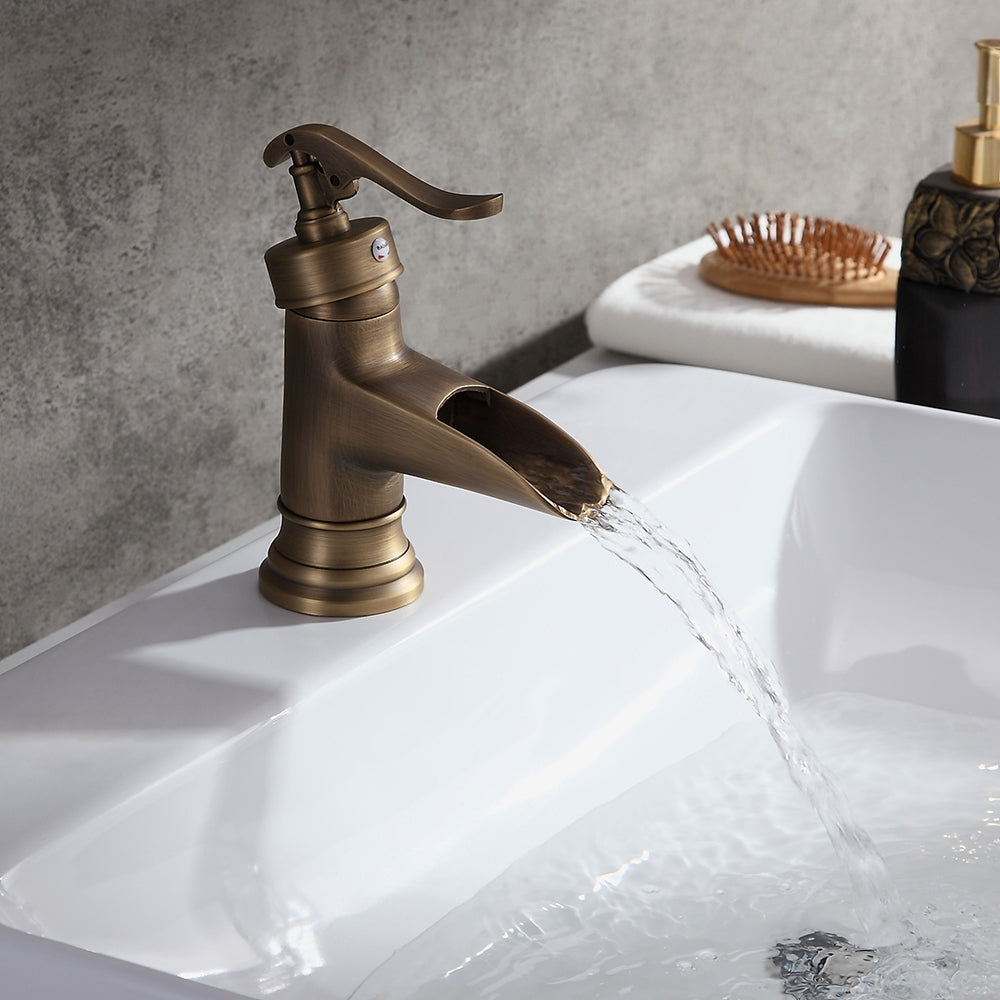 Antique Brass Waterfall Sink Faucet – Single Hole Solid Brass Bathroom Tap