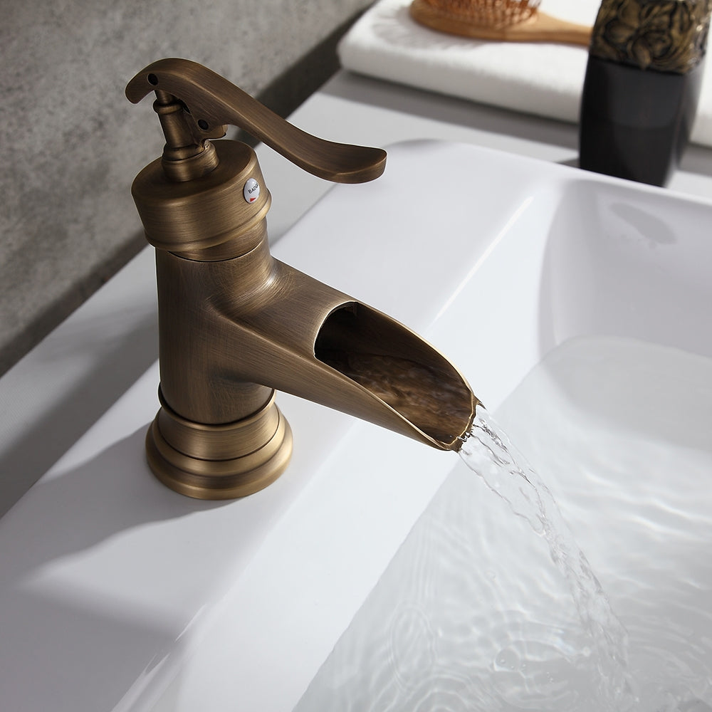 Antique Brass Waterfall Sink Faucet – Single Hole Solid Brass Bathroom Tap