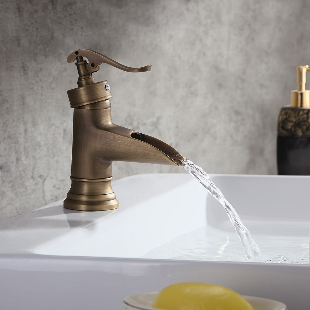 Antique Brass Waterfall Sink Faucet – Single Hole Solid Brass Bathroom Tap