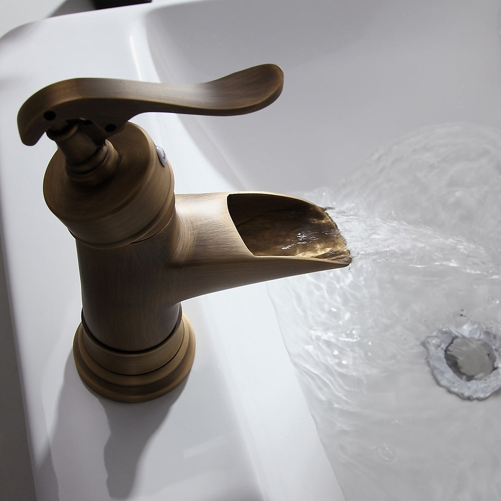Antique Brass Waterfall Sink Faucet – Single Hole Solid Brass Bathroom Tap