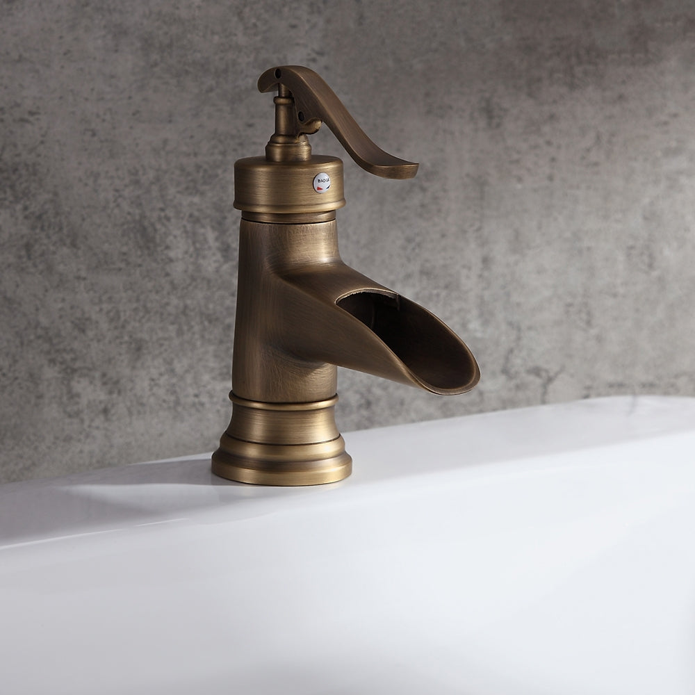 Antique Brass Waterfall Sink Faucet – Single Hole Solid Brass Bathroom Tap