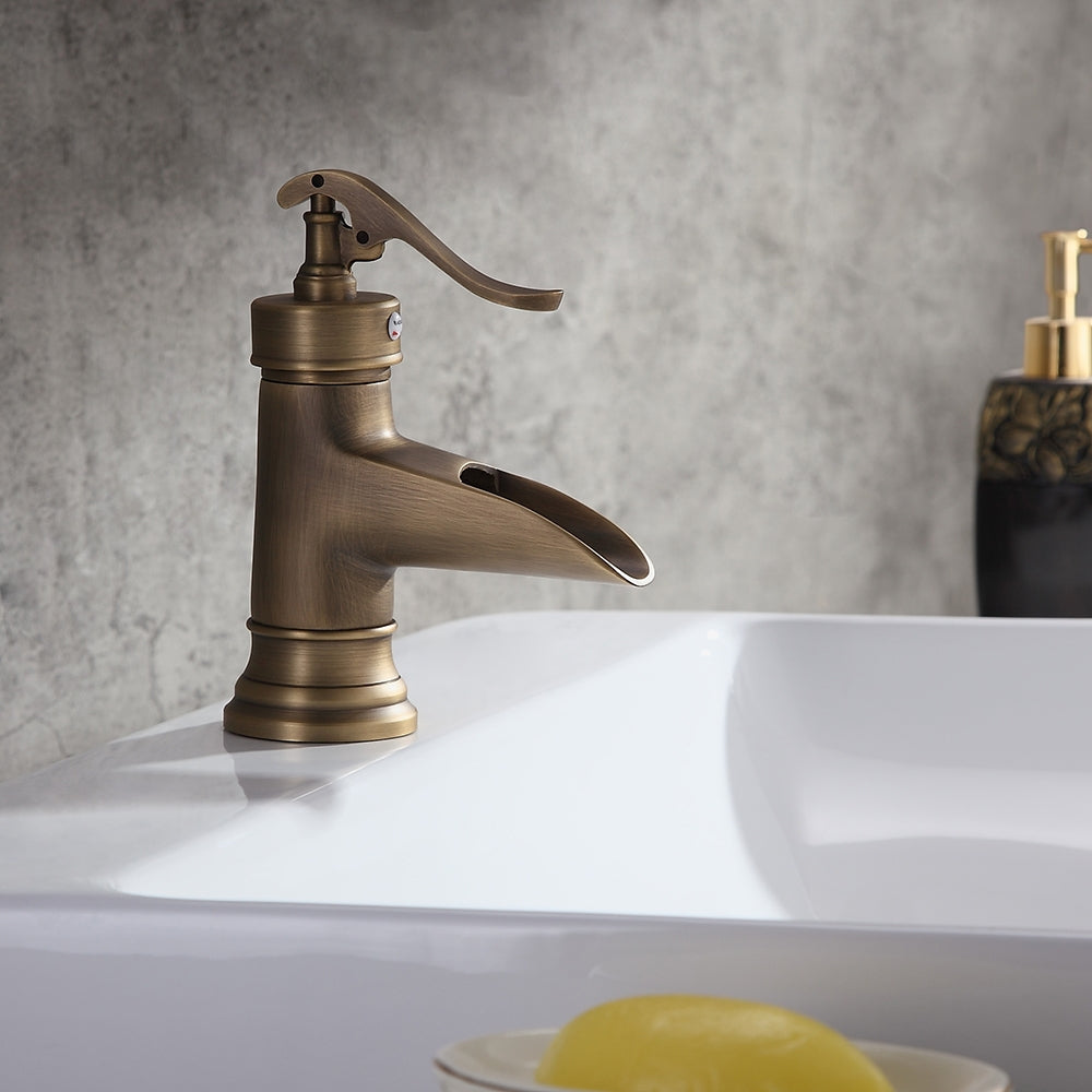 Antique Brass Waterfall Sink Faucet – Single Hole Solid Brass Bathroom Tap