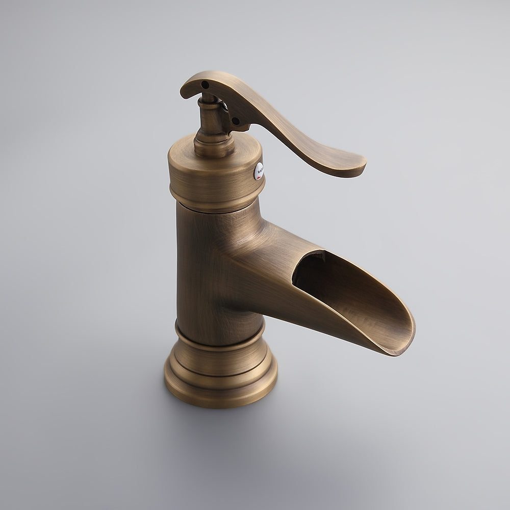 Antique Brass Waterfall Sink Faucet – Single Hole Solid Brass Bathroom Tap