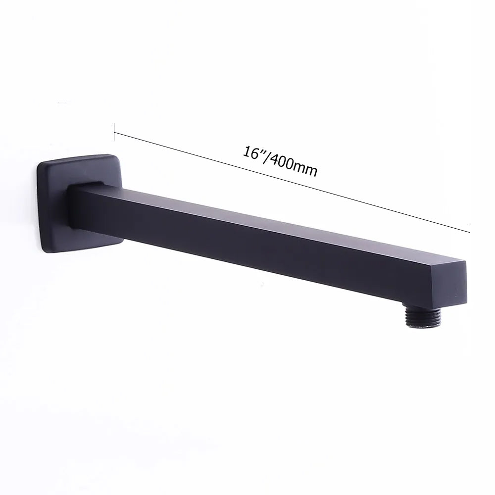 16" Matte Black Wall Mounted Square Shower Arm with Flange – Brass
