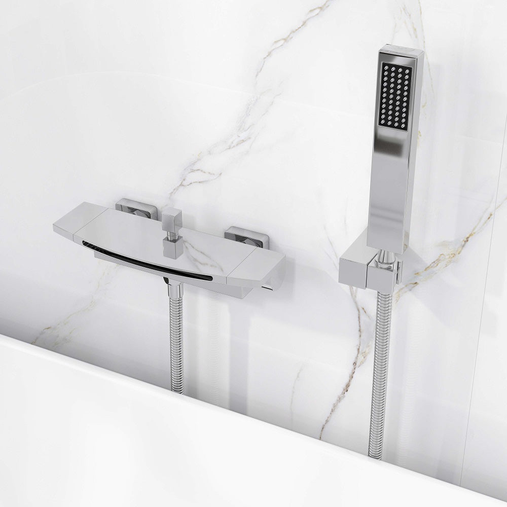 Chrome Wall Mount Waterfall Tub Filler Faucet with Hand Shower – 2 Handle
