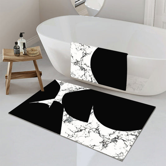2-Piece Black & White Geometric Marble Bath Mat Set – Non-Slip Rugs
