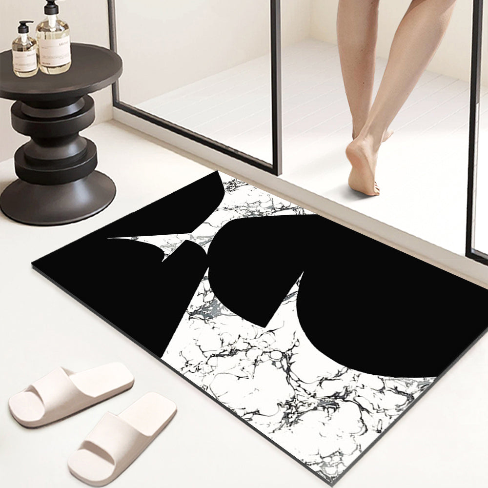 2-Piece Black & White Geometric Marble Bath Mat Set – Non-Slip Rugs