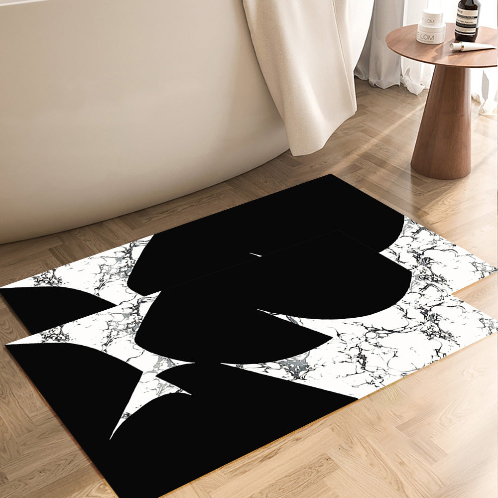 2-Piece Black & White Geometric Marble Bath Mat Set – Non-Slip Rugs