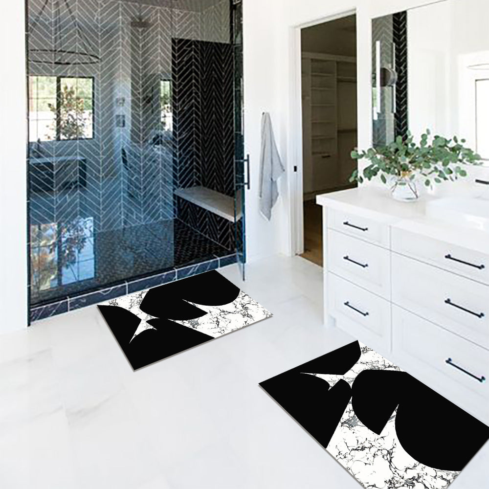 2-Piece Black & White Geometric Marble Bath Mat Set – Non-Slip Rugs