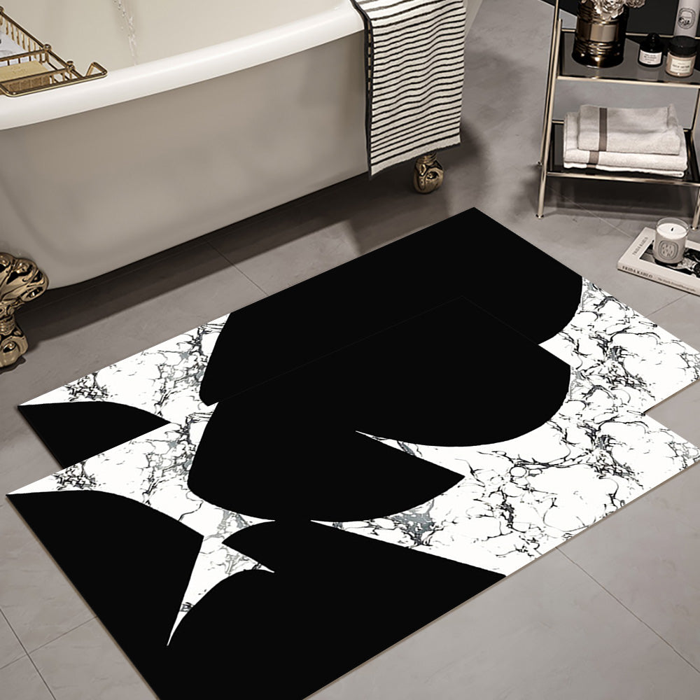 2-Piece Black & White Geometric Marble Bath Mat Set – Non-Slip Rugs