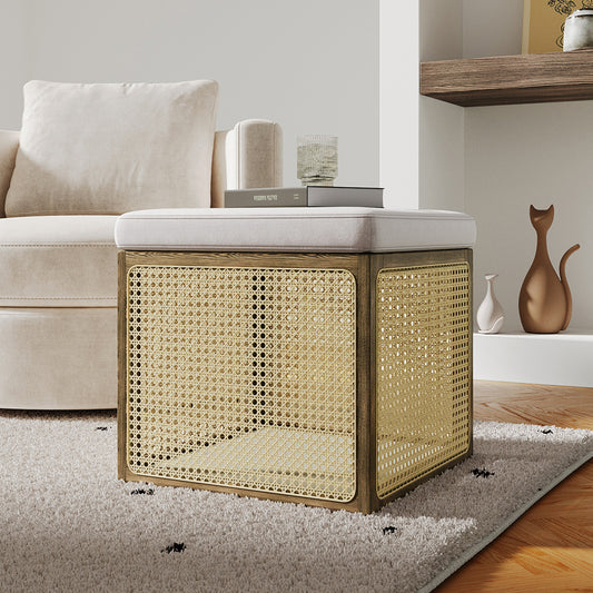 18.1'' Boho Rattan Storage Ottoman Square Foot Stool in Khaki & Natural