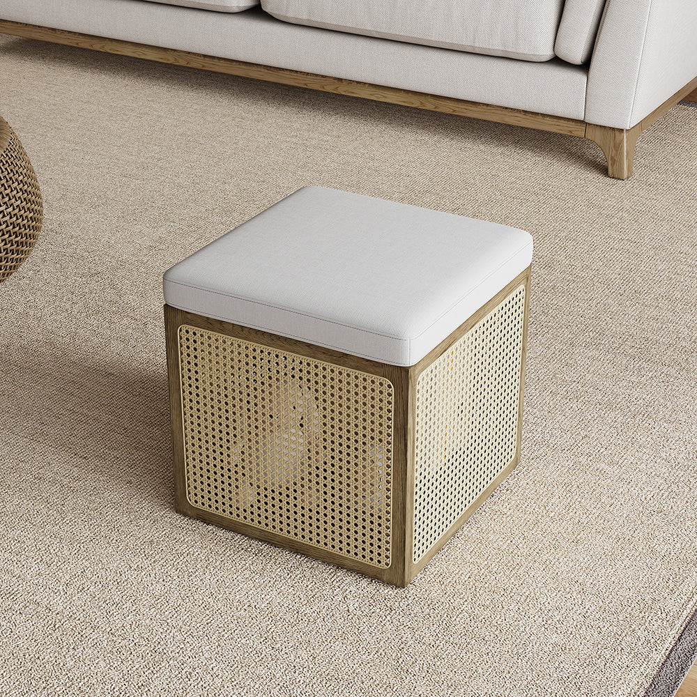 18.1'' Boho Rattan Storage Ottoman Square Foot Stool in Khaki & Natural