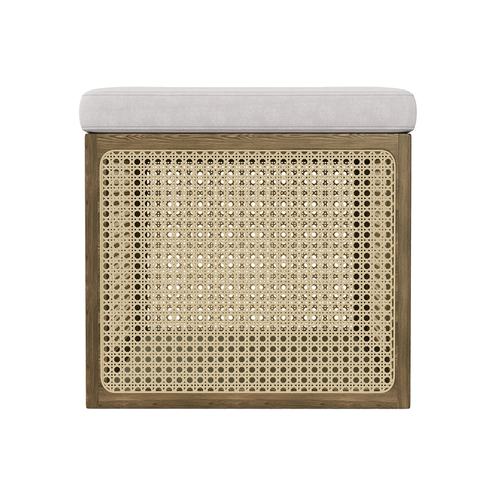 18.1'' Boho Rattan Storage Ottoman Square Foot Stool in Khaki & Natural