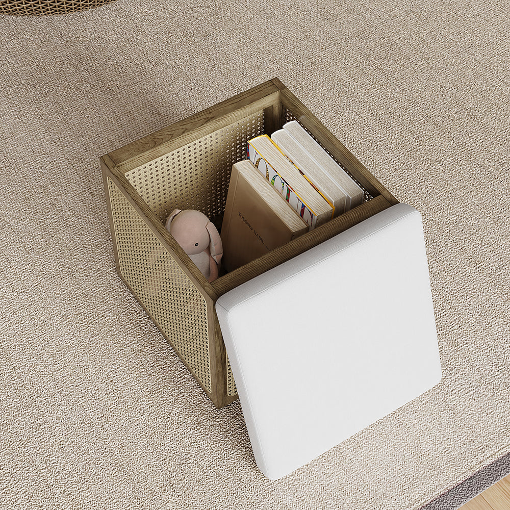 18.1'' Boho Rattan Storage Ottoman Square Foot Stool in Khaki & Natural