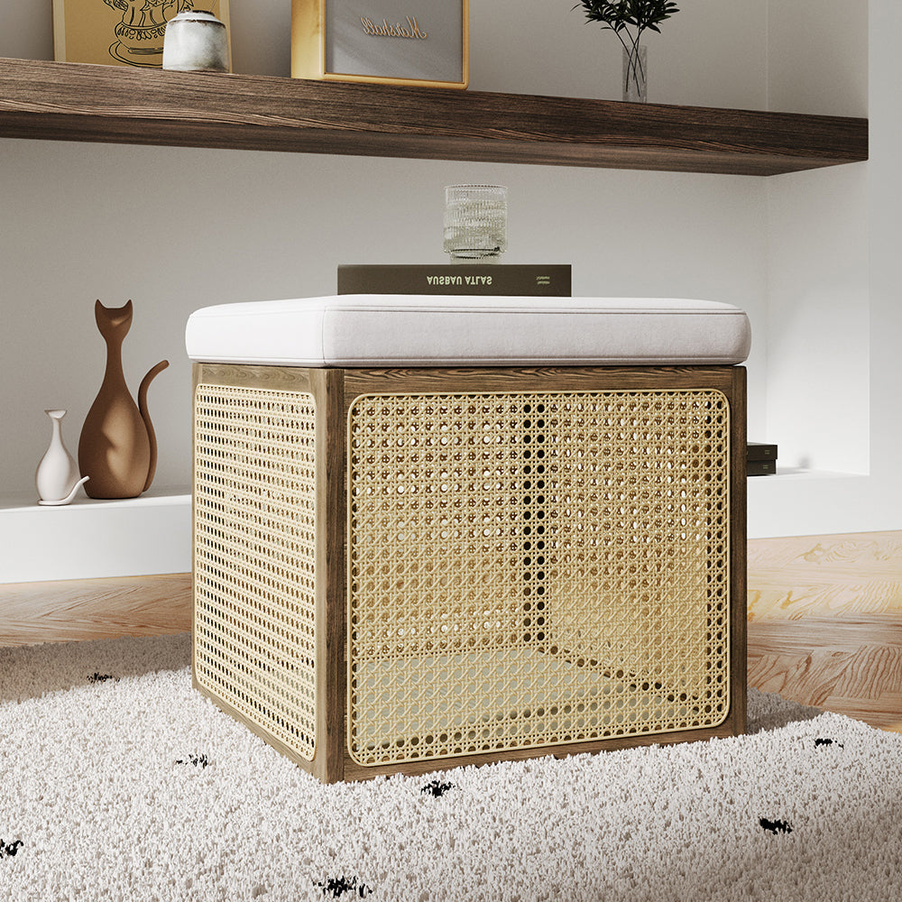 18.1'' Boho Rattan Storage Ottoman Square Foot Stool in Khaki & Natural