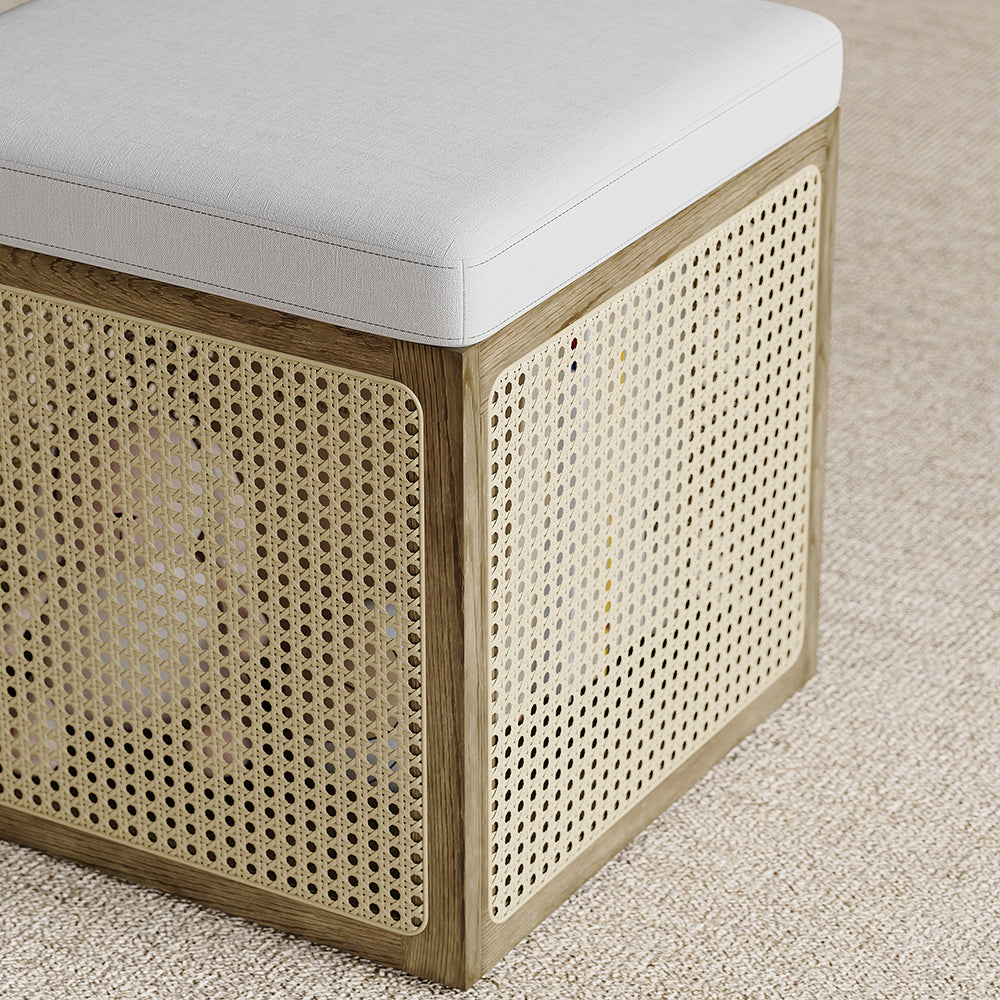 18.1'' Boho Rattan Storage Ottoman Square Foot Stool in Khaki & Natural
