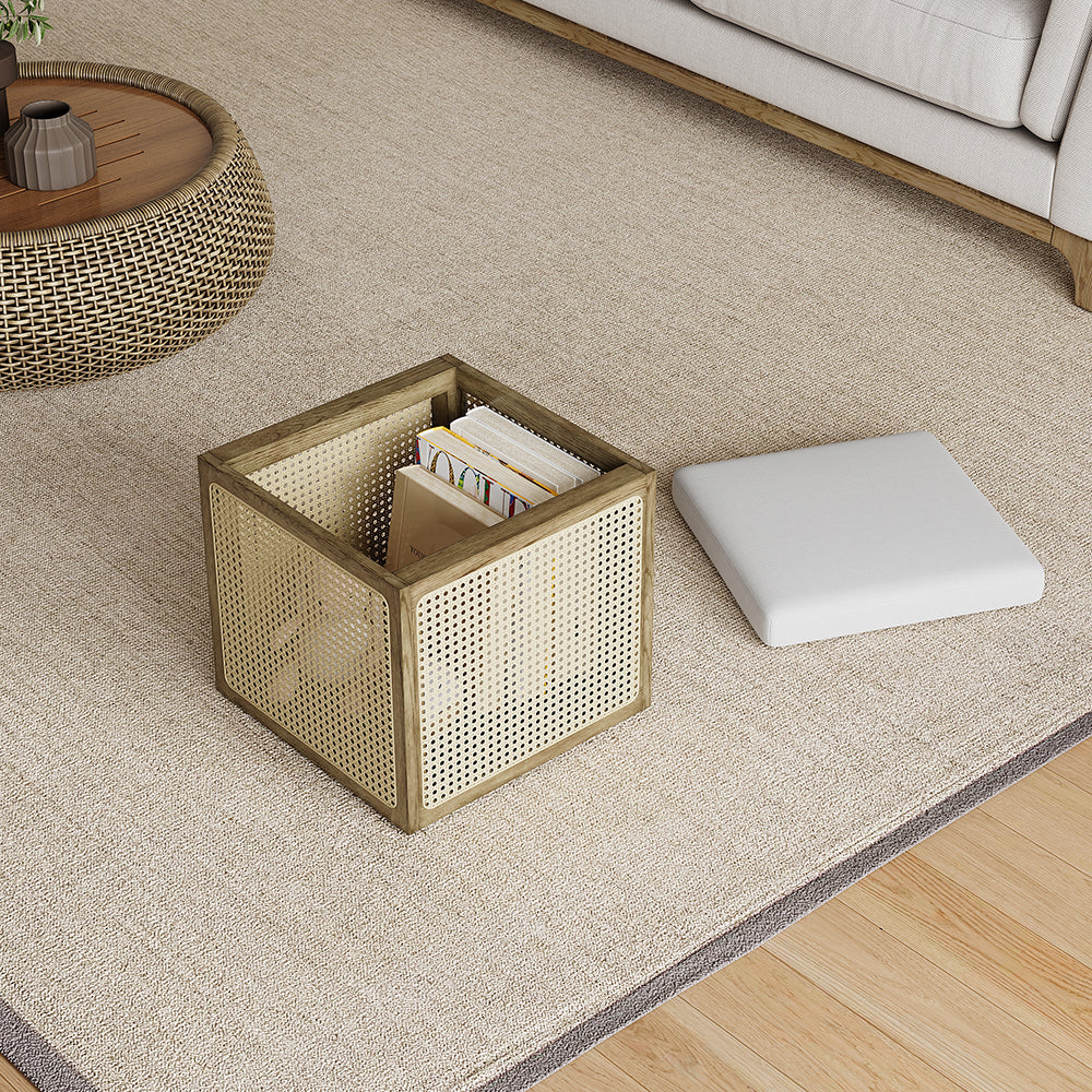 18.1'' Boho Rattan Storage Ottoman Square Foot Stool in Khaki & Natural