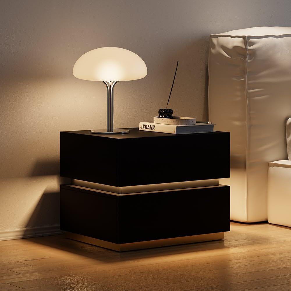 Smart LED Bedside Table with Wireless Charging & 2 Drawers | Sleek Black Modern Design for Bedroom or Living Room