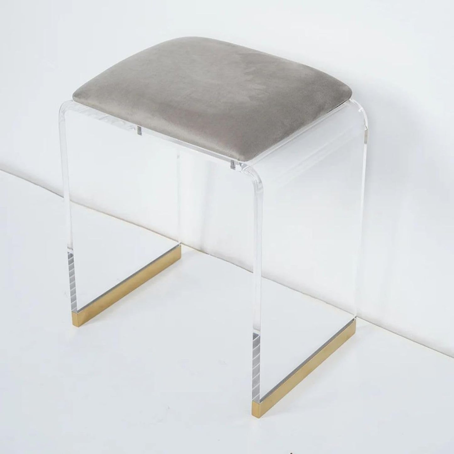 Gray Velvet Vanity Stool – Modern Acrylic Makeup Chair with Gold Accents