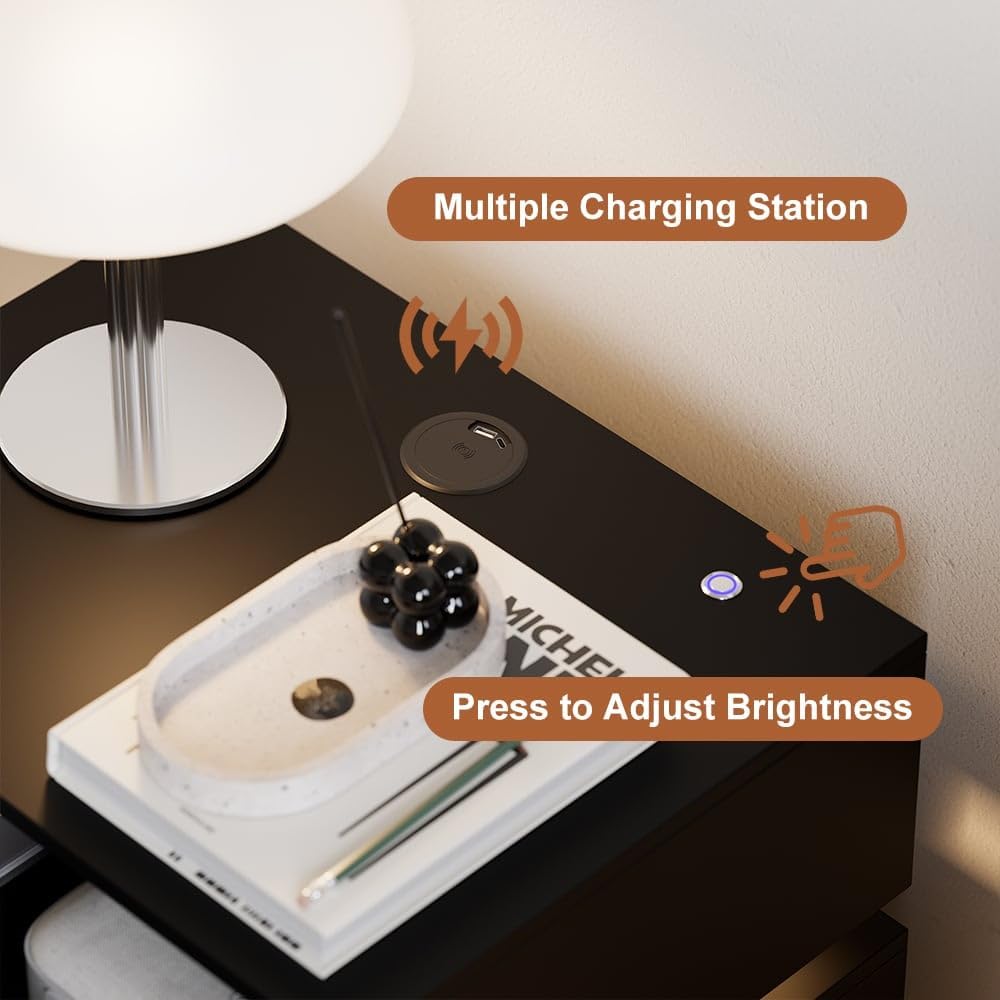 Smart LED Bedside Table with Wireless Charging & 2 Drawers | Sleek Black Modern Design for Bedroom or Living Room