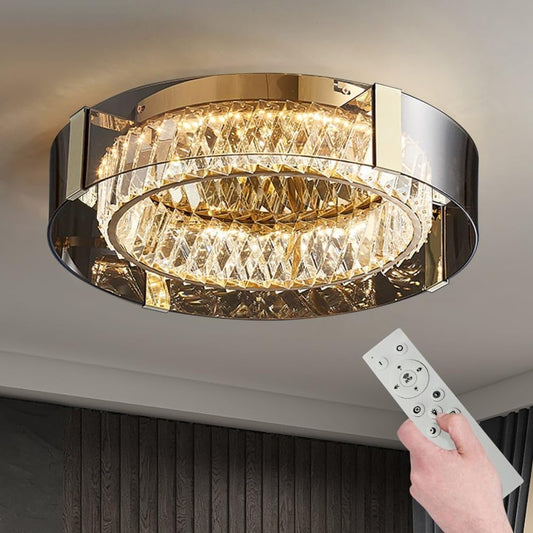 Dimmable Crystal LED Ceiling Light – Modern Flush Mount Chandelier with Remote & 3-Color Ambience