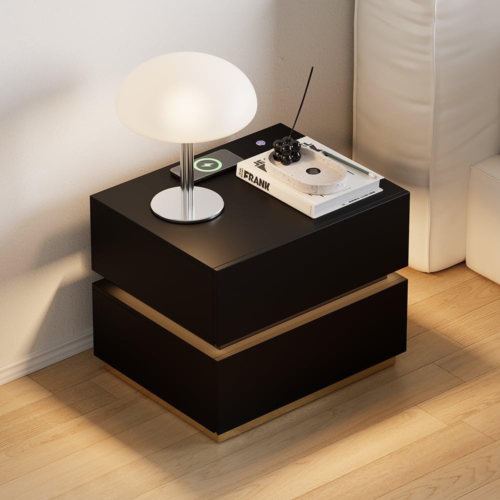 Smart LED Bedside Table with Wireless Charging & 2 Drawers | Sleek Black Modern Design for Bedroom or Living Room