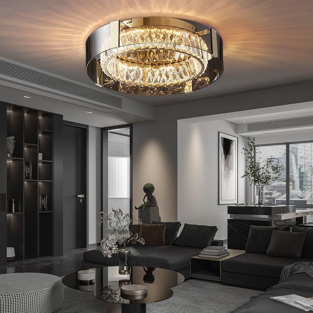 Dimmable Crystal LED Ceiling Light – Modern Flush Mount Chandelier with Remote & 3-Color Ambience