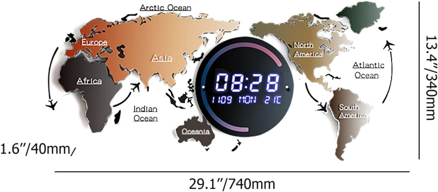 Modern LED World Map Wall Clock | Digital Acrylic Display with USB Power & Auto-Dimming | Stylish Gift for Home or Office