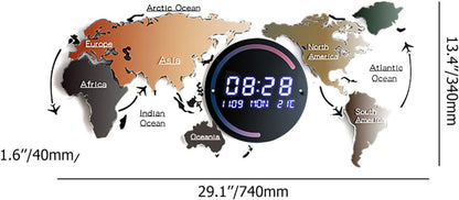 Modern LED World Map Wall Clock | Digital Acrylic Display with USB Power & Auto-Dimming | Stylish Gift for Home or Office