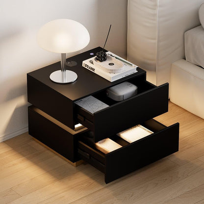 Smart LED Bedside Table with Wireless Charging & 2 Drawers | Sleek Black Modern Design for Bedroom or Living Room
