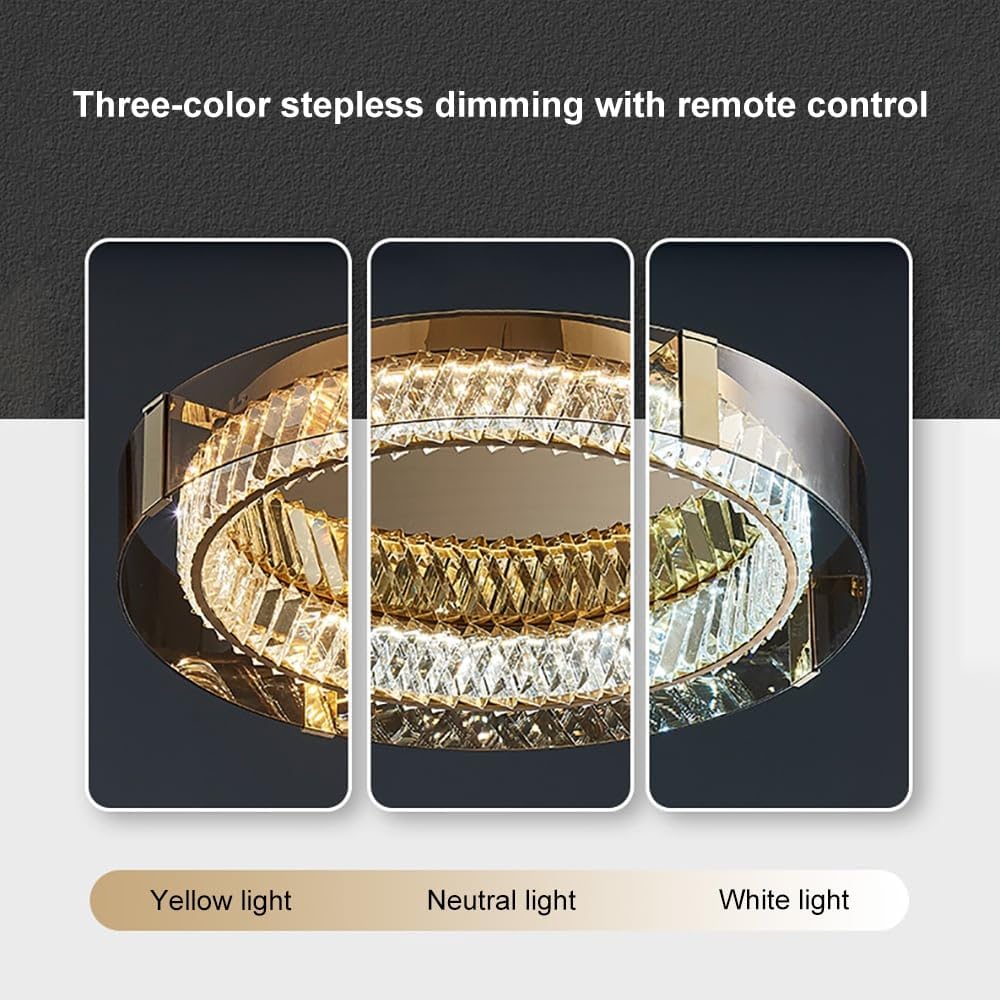 Dimmable Crystal LED Ceiling Light – Modern Flush Mount Chandelier with Remote & 3-Color Ambience