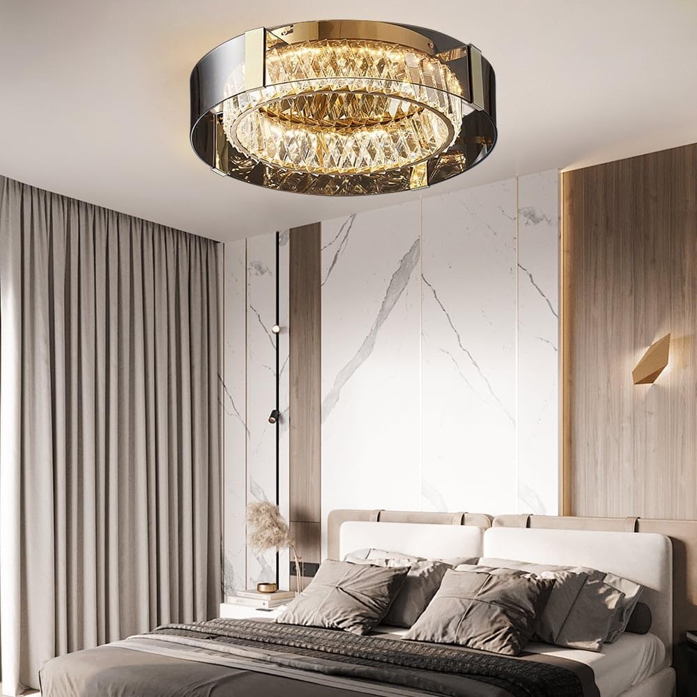 Dimmable Crystal LED Ceiling Light – Modern Flush Mount Chandelier with Remote & 3-Color Ambience