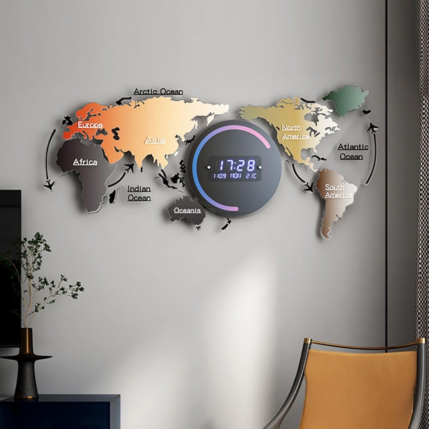 Modern LED World Map Wall Clock | Digital Acrylic Display with USB Power & Auto-Dimming | Stylish Gift for Home or Office