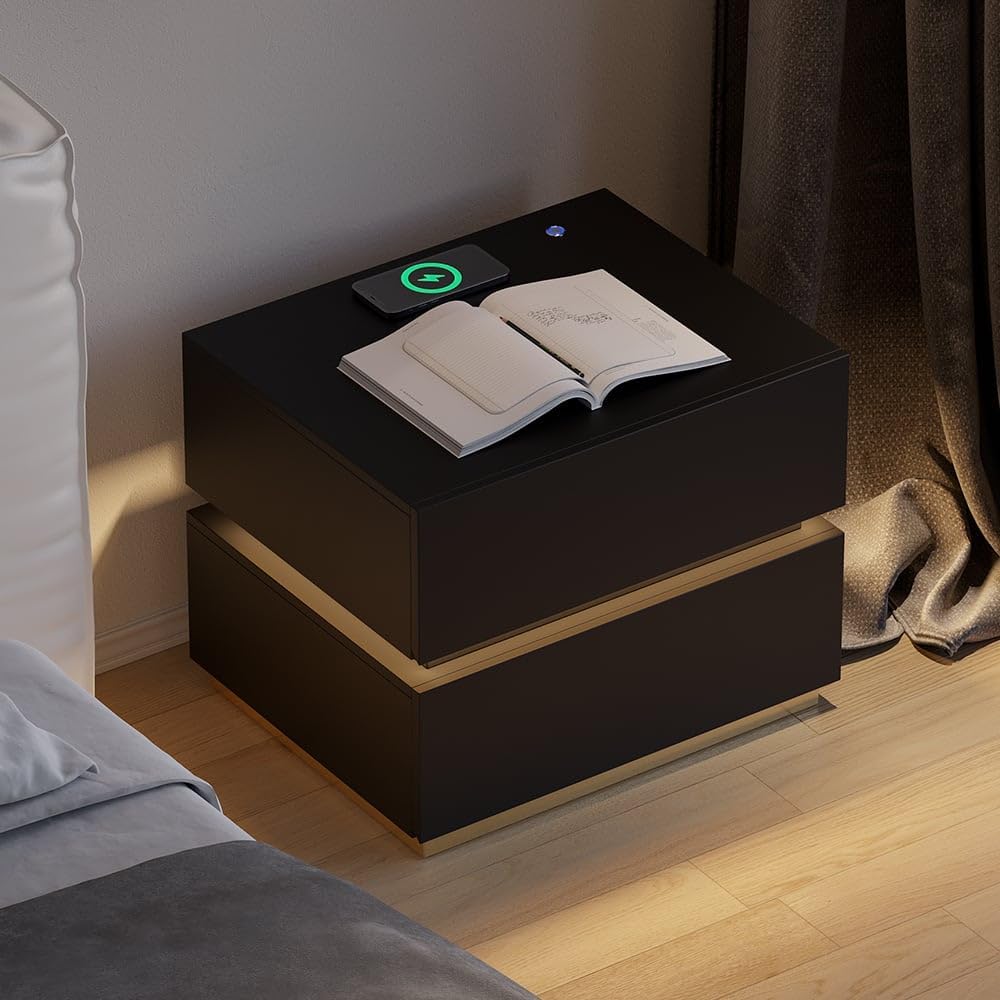 Smart LED Bedside Table with Wireless Charging & 2 Drawers | Sleek Black Modern Design for Bedroom or Living Room