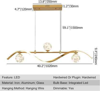 40.1" Gold Dimmable LED Chandelier | Modern 4-Light Linear Pendant for Kitchen Island & Dining Room