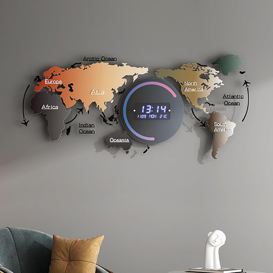 Modern LED World Map Wall Clock | Digital Acrylic Display with USB Power & Auto-Dimming | Stylish Gift for Home or Office