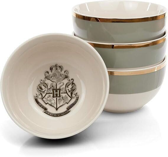 Harry Potter Hogwarts Emblem Bowl Set - 4 White & Grey Ceramic Bowls with Crest