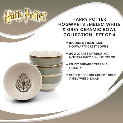 Harry Potter Hogwarts Emblem Bowl Set - 4 White & Grey Ceramic Bowls with Crest