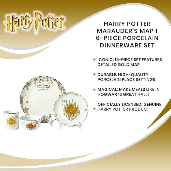 Harry Potter Marauder's Map 16-Piece Set - Plates, Bowls, Mugs with Gold Design