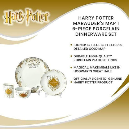 Harry Potter Marauder's Map 16-Piece Set - Plates, Bowls, Mugs with Gold Design