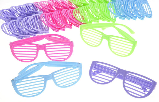 24 Pairs Plastic Shutter Shades Glasses – Purple, Blue, Green, and Pink Party Favors